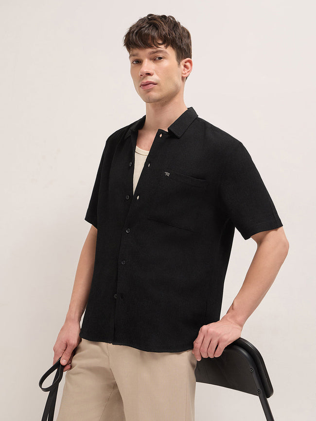Men Black Polyester Textured Shirt