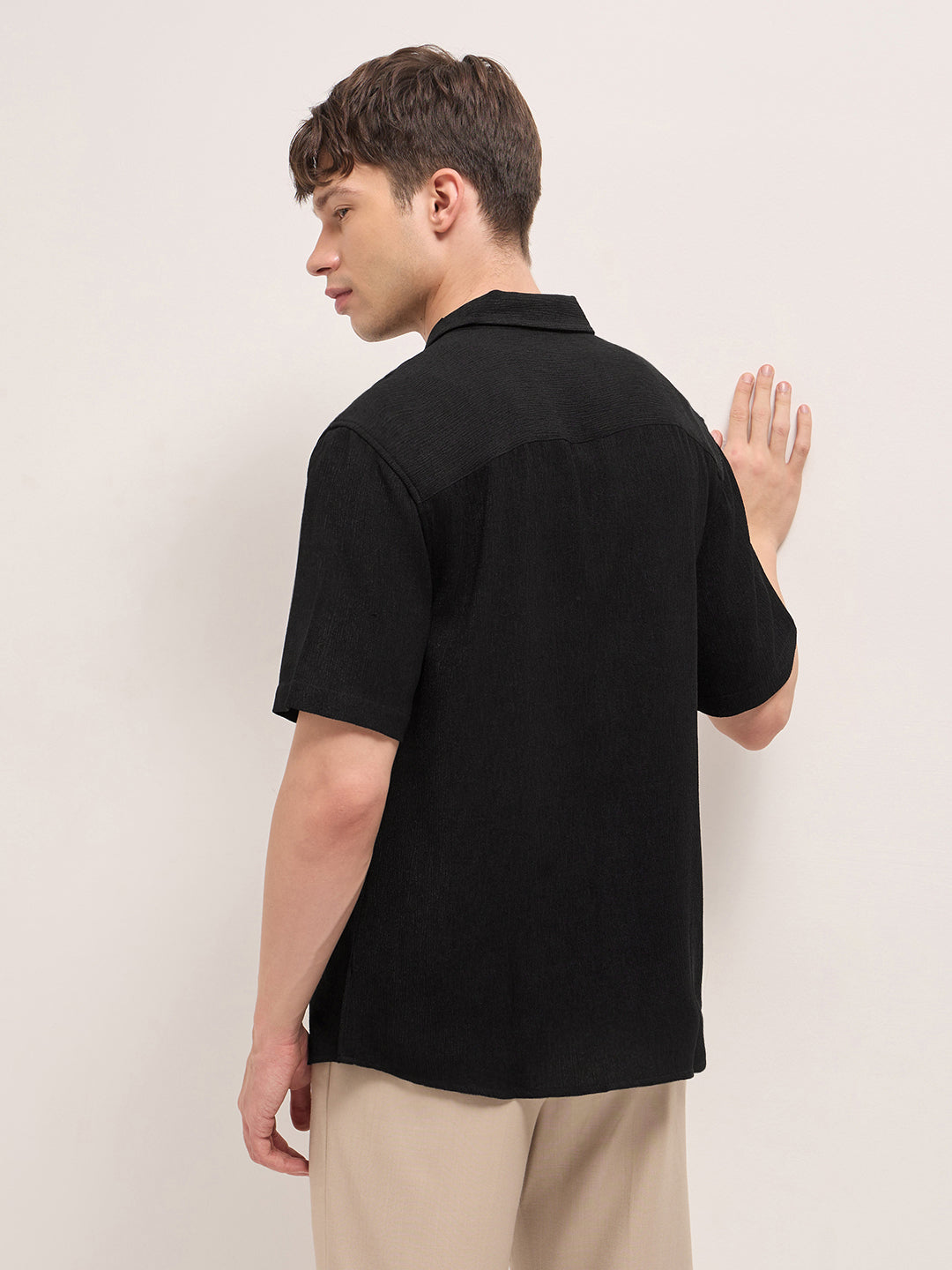 Men Black Polyester Textured Shirt