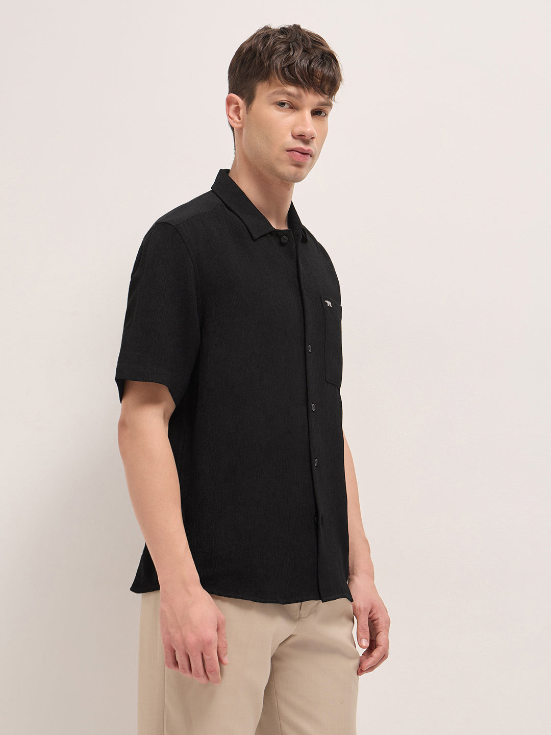 Men Black Polyester Textured Shirt