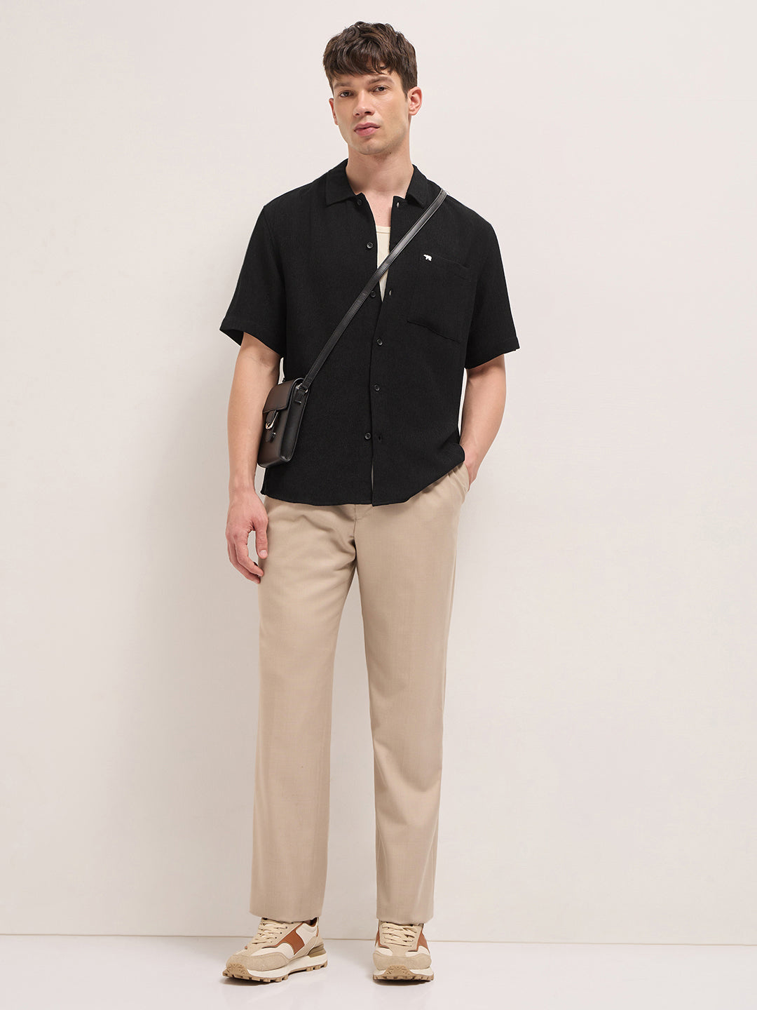 Men Black Polyester Textured Shirt