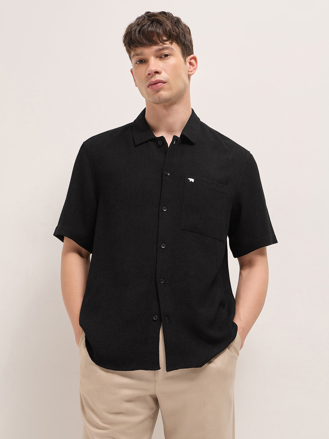 Men Black Polyester Textured Shirt