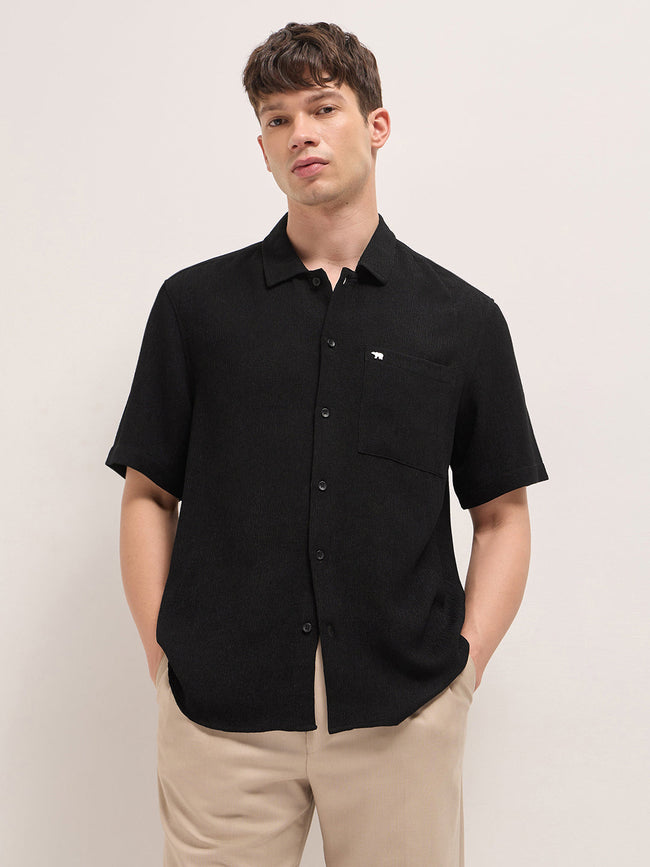 Men Black Polyester Textured Shirt