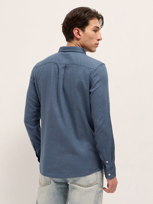 Men Blue Solid Slim Fit Cotton Casual Shirt