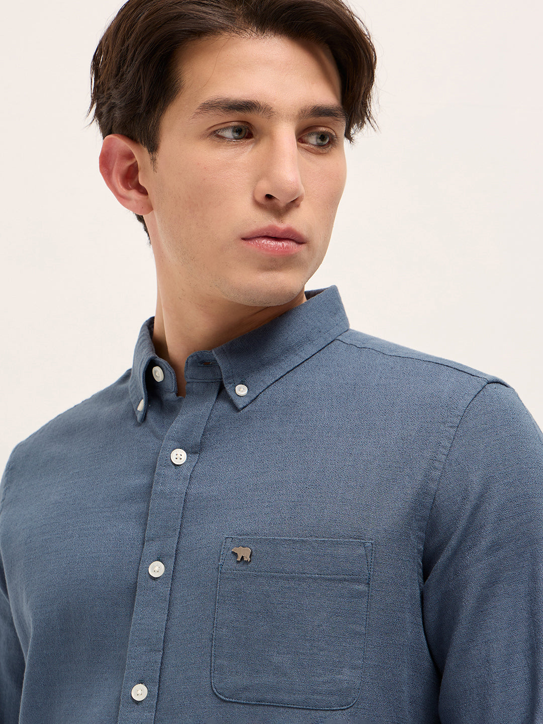 Men Blue Solid Slim Fit Cotton Casual Shirt