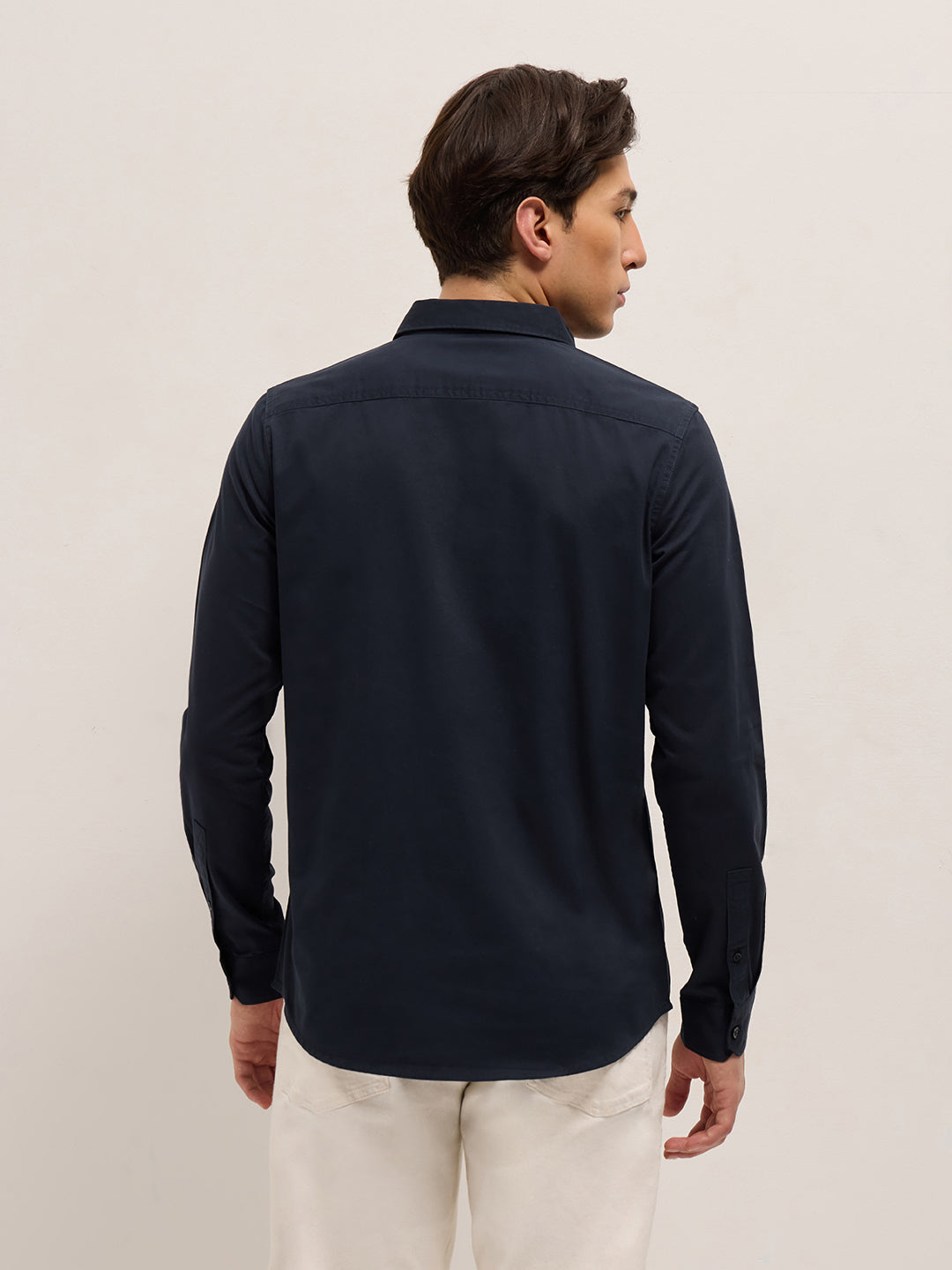 Men Navy Blue Cotton Solid Slim Fit Casual Shirt