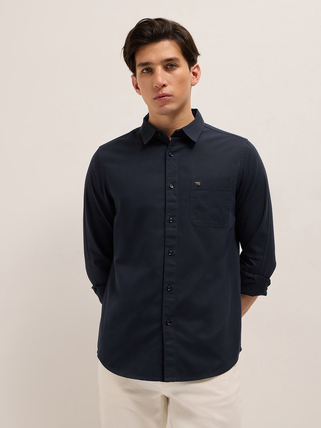 Men Navy Blue Cotton Solid Slim Fit Casual Shirt