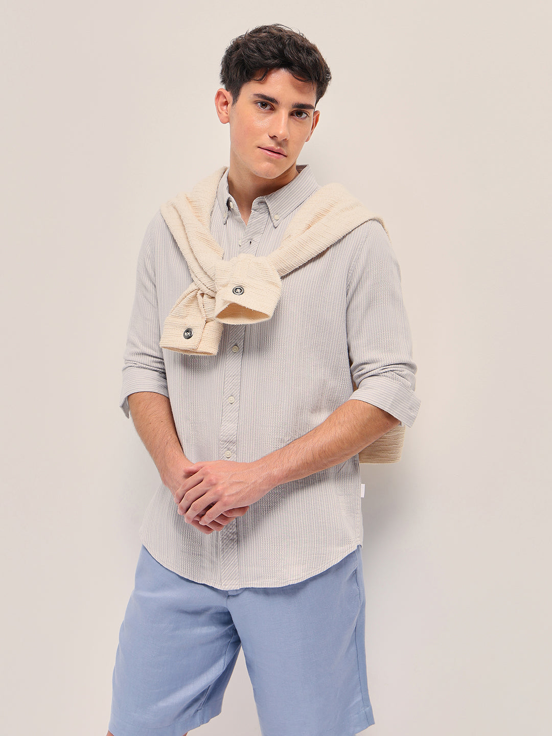 Men Light Grey Self Design Slim Fit Casual Shirt