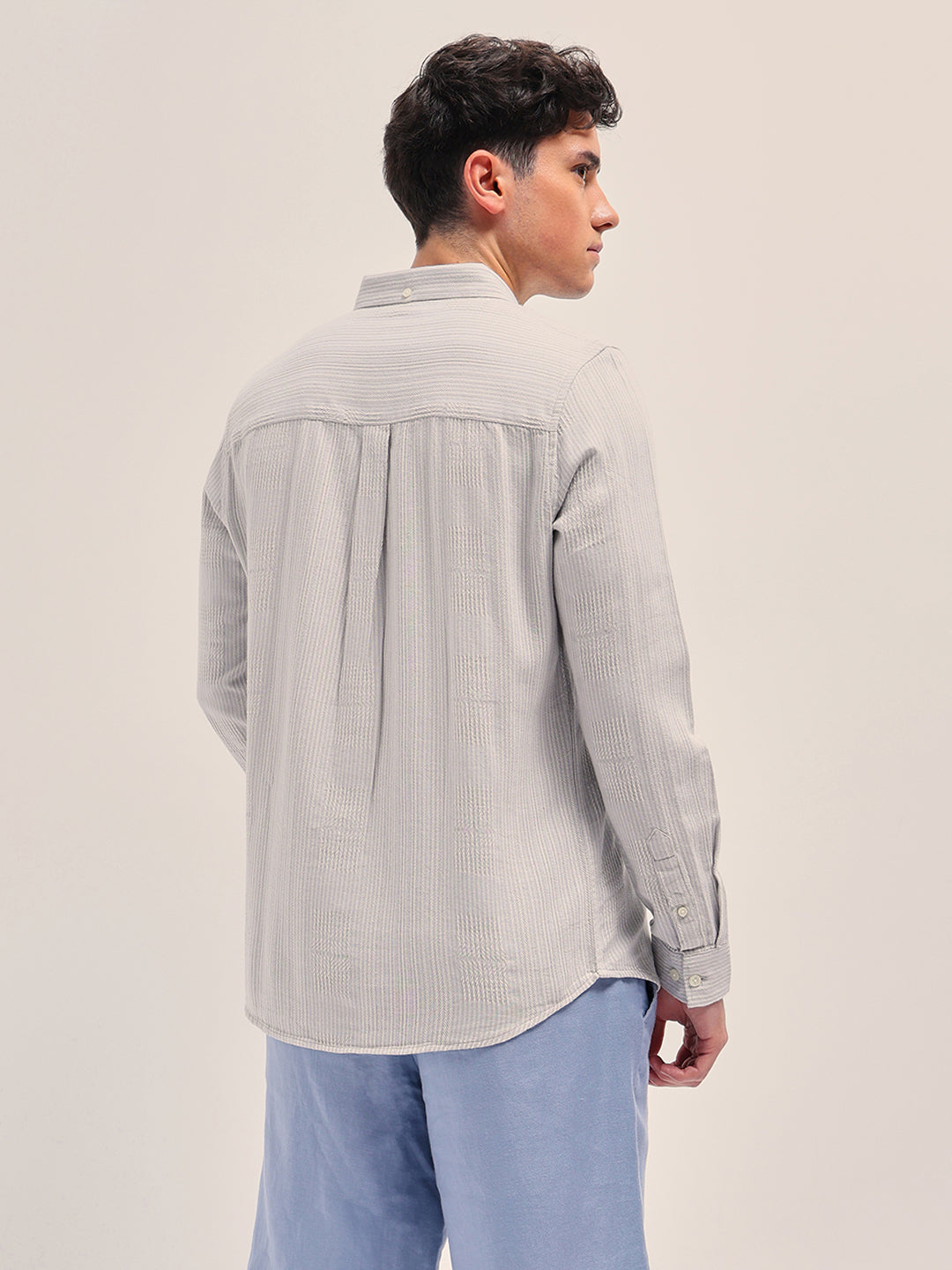 Men Light Grey Self Design Slim Fit Casual Shirt