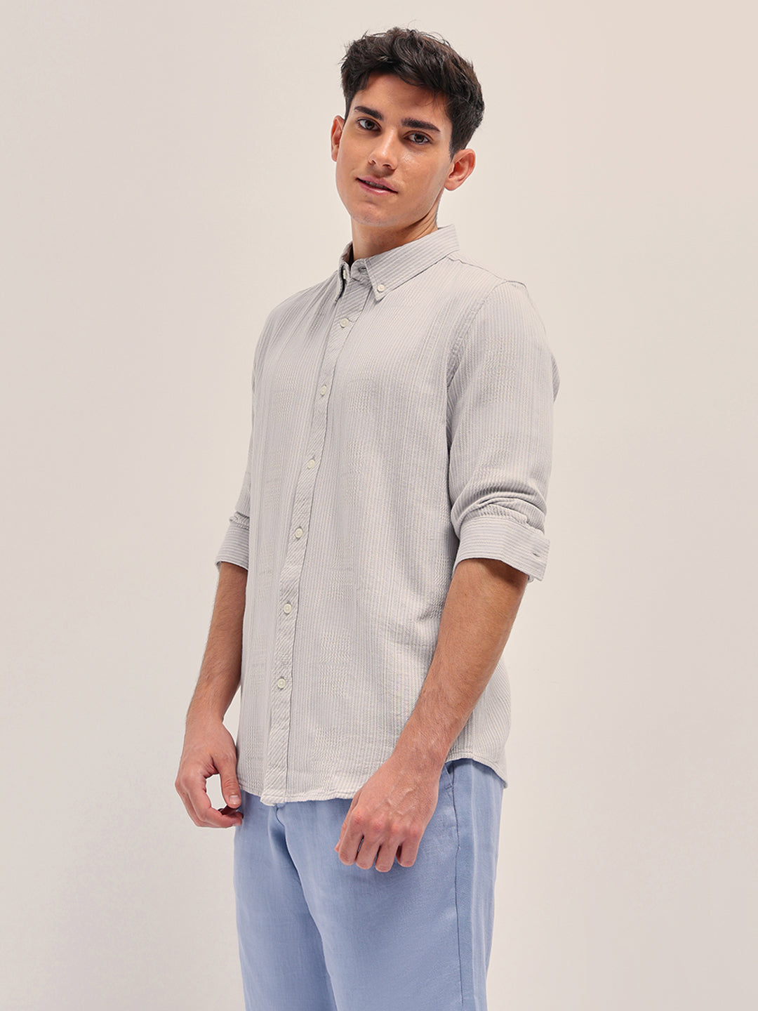 Men Light Grey Self Design Slim Fit Casual Shirt