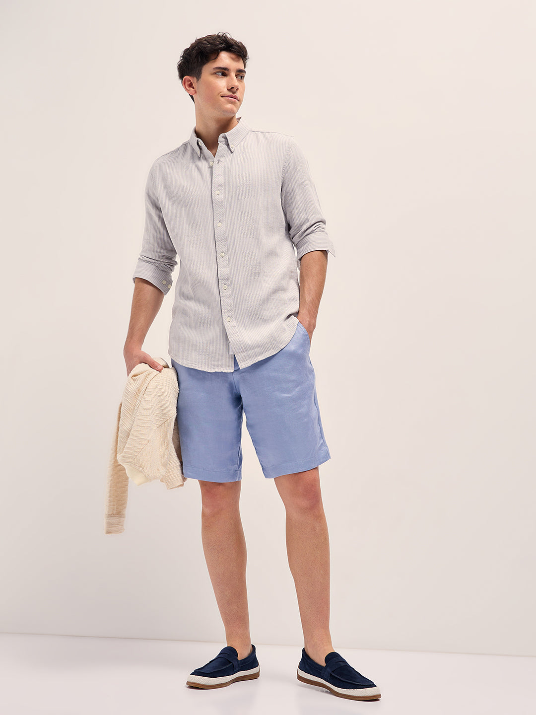 Men Light Grey Self Design Slim Fit Casual Shirt