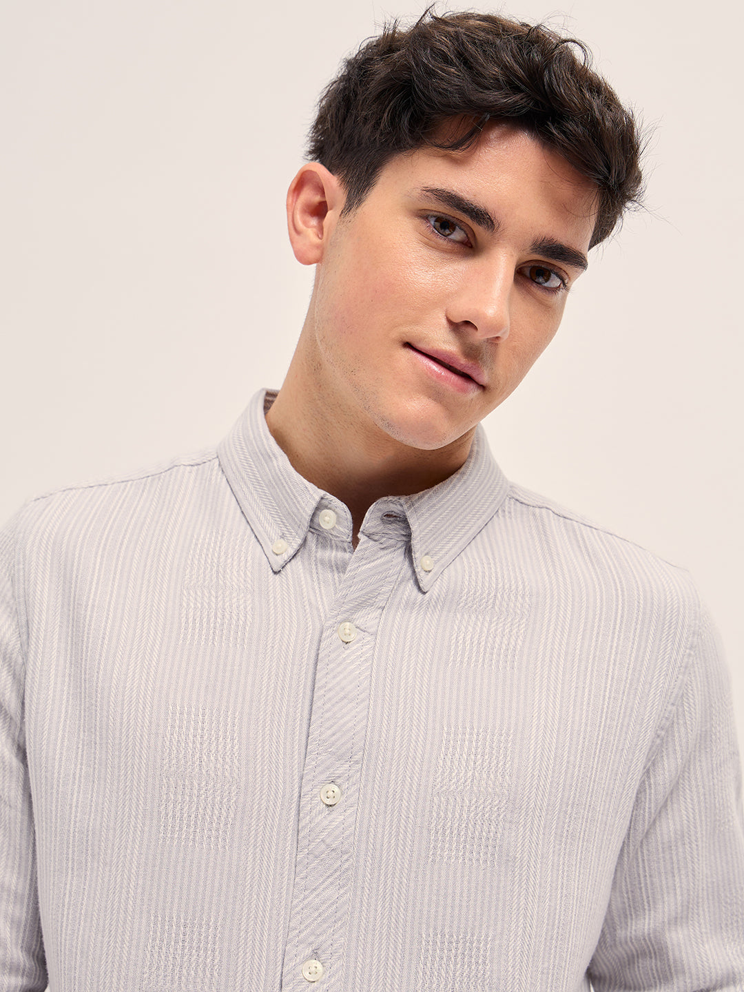 Men Light Grey Self Design Slim Fit Casual Shirt