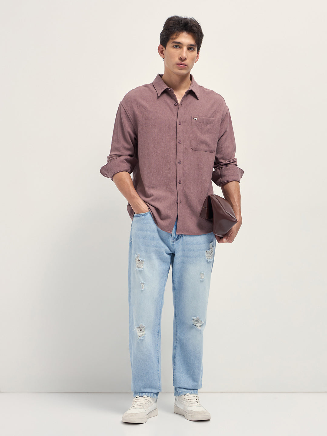 Men Pink Woven Textured Relaxed Fit Casual Shirt