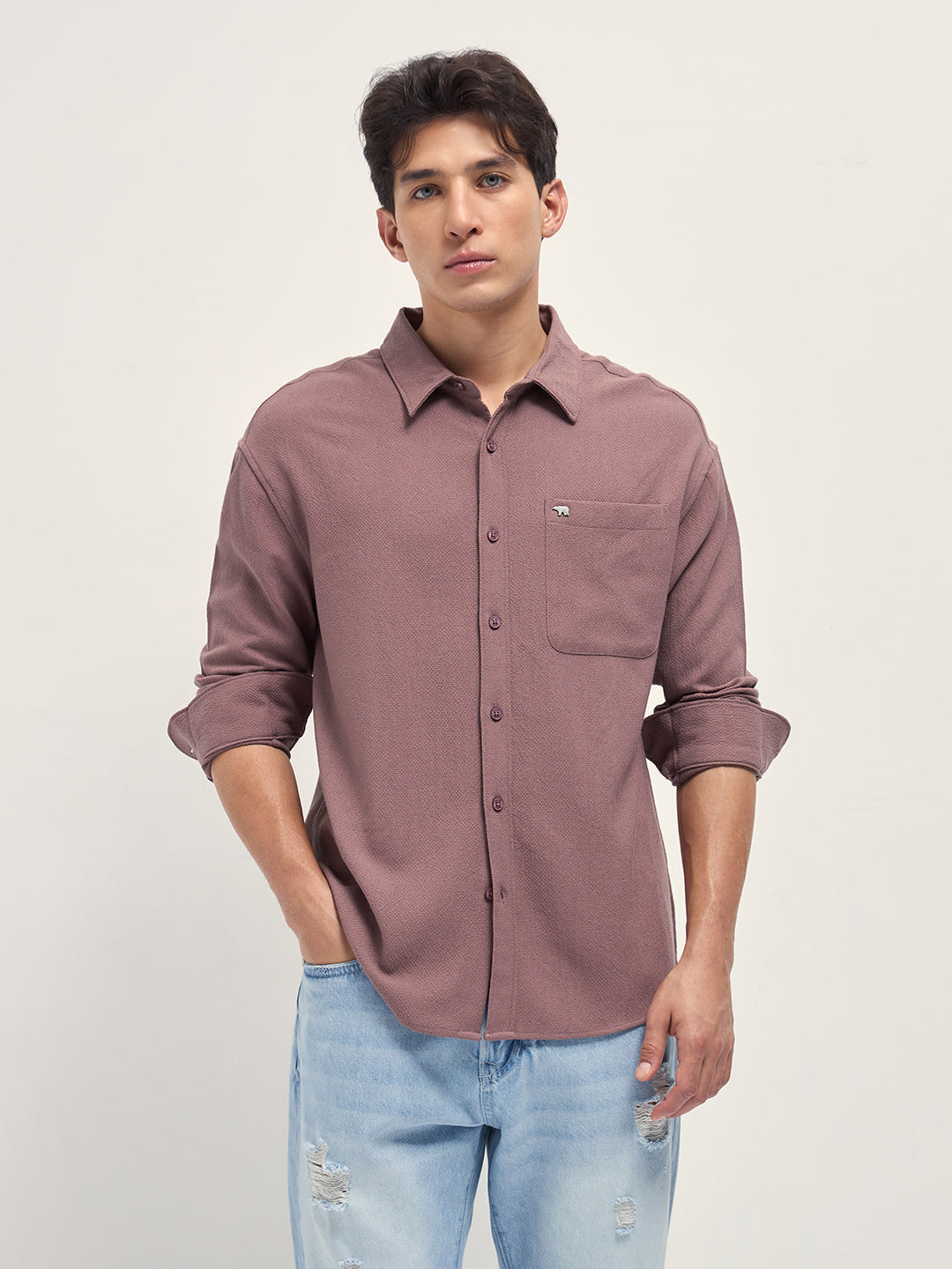 Men Pink Woven Textured Relaxed Fit Casual Shirt