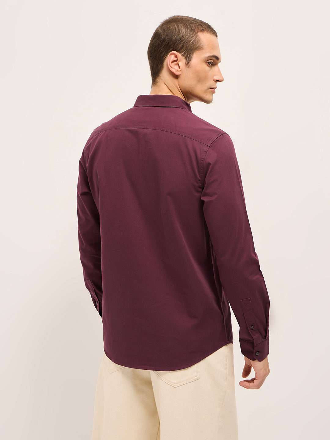 Men Maroon Cotton Solid Slim Fit Casual Shirt
