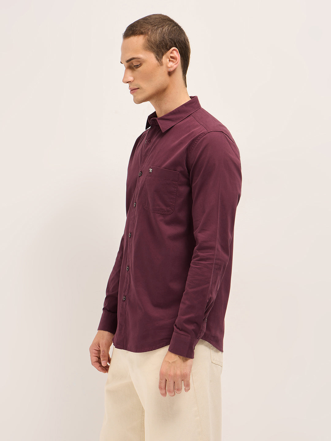 Men Maroon Cotton Solid Slim Fit Casual Shirt