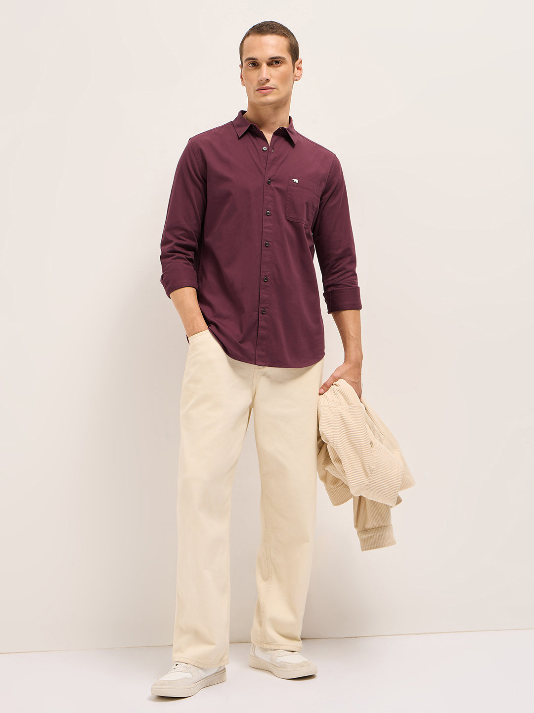 Men Maroon Cotton Solid Slim Fit Casual Shirt