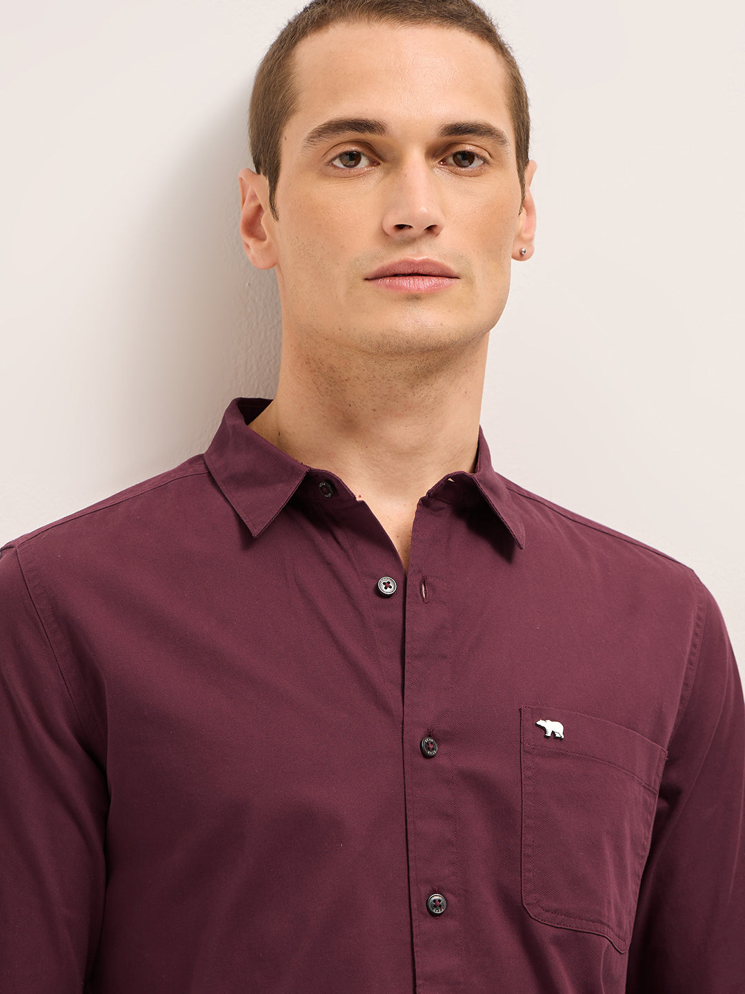 Men Maroon Cotton Solid Slim Fit Casual Shirt