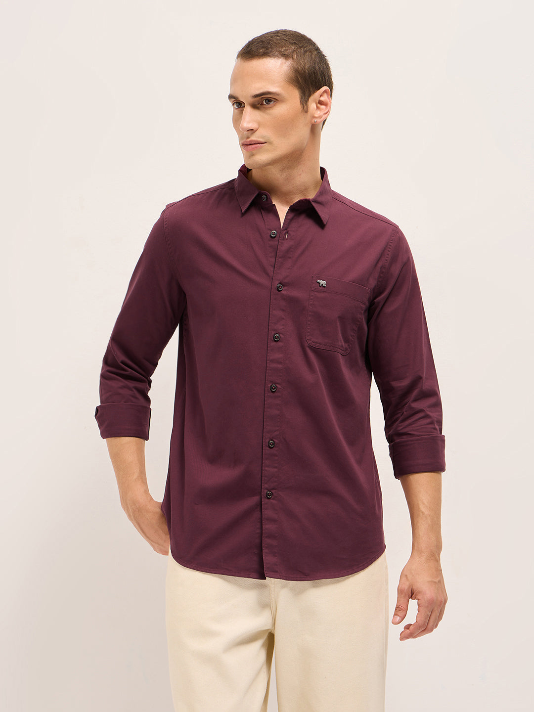 Men Maroon Cotton Solid Slim Fit Casual Shirt