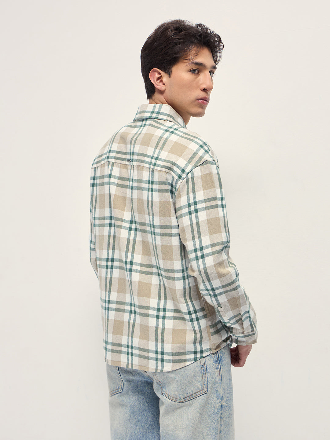 Men Beige Tartan Check Cotton Relaxed Fit Overshirt