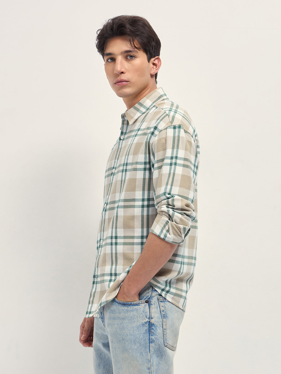 Men Beige Tartan Check Cotton Relaxed Fit Overshirt