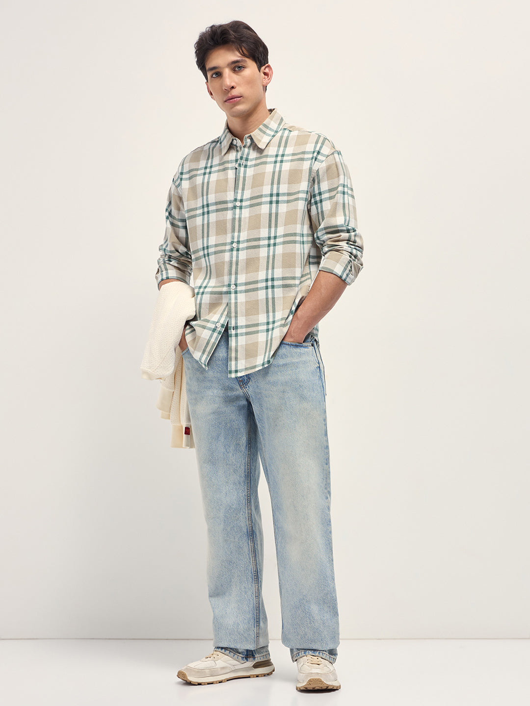 Men Beige Tartan Check Cotton Relaxed Fit Overshirt
