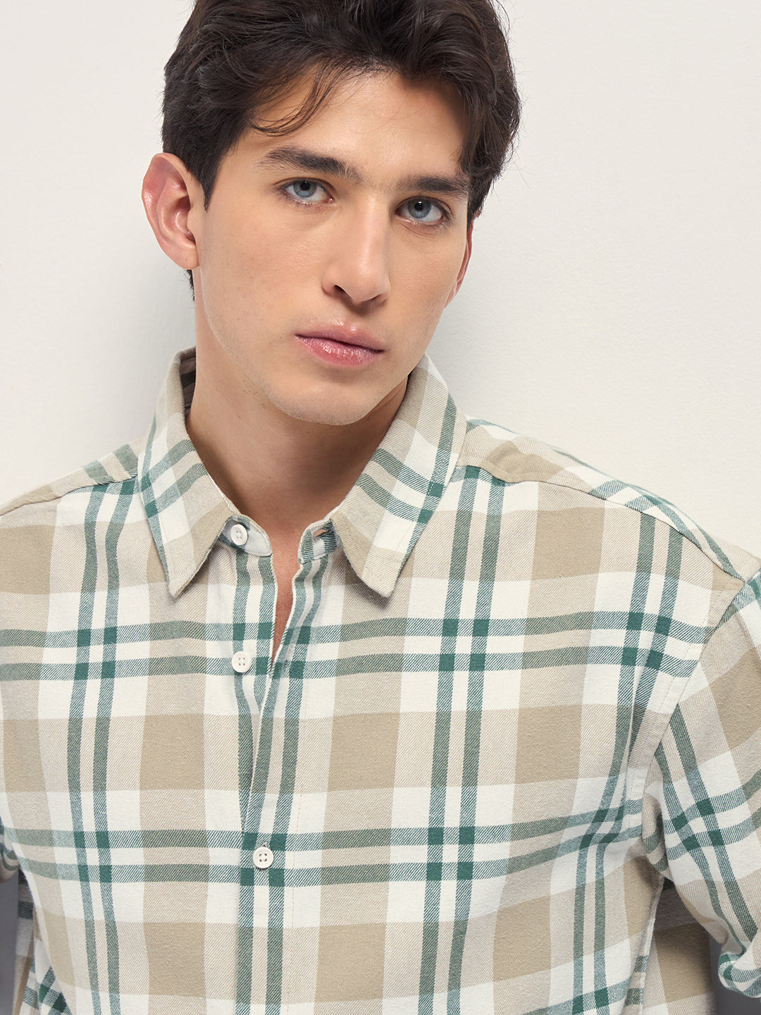 Men Beige Tartan Check Cotton Relaxed Fit Overshirt