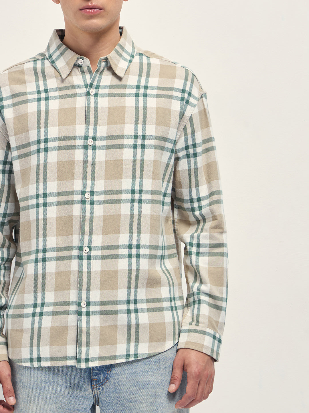 Men Beige Tartan Check Cotton Relaxed Fit Overshirt
