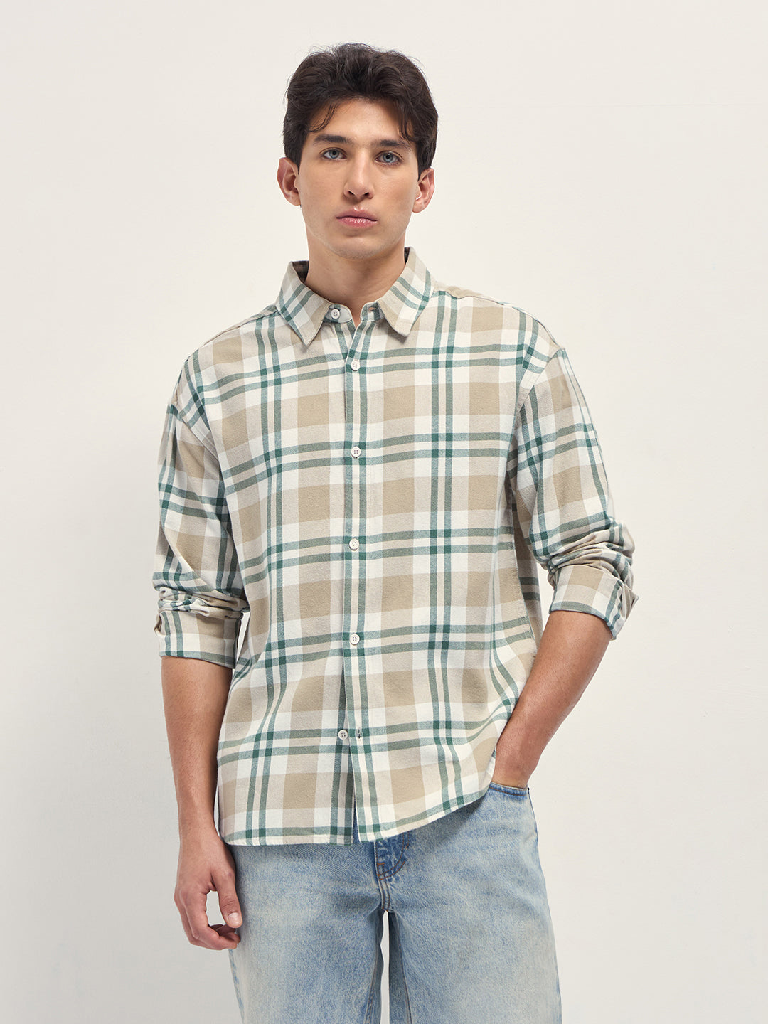 Men Beige Tartan Check Cotton Relaxed Fit Overshirt