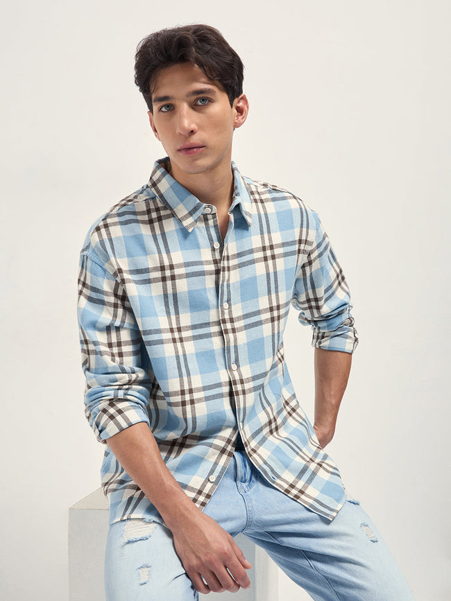 Men Blue Tartan Check Cotton Relaxed Fit Overshirt