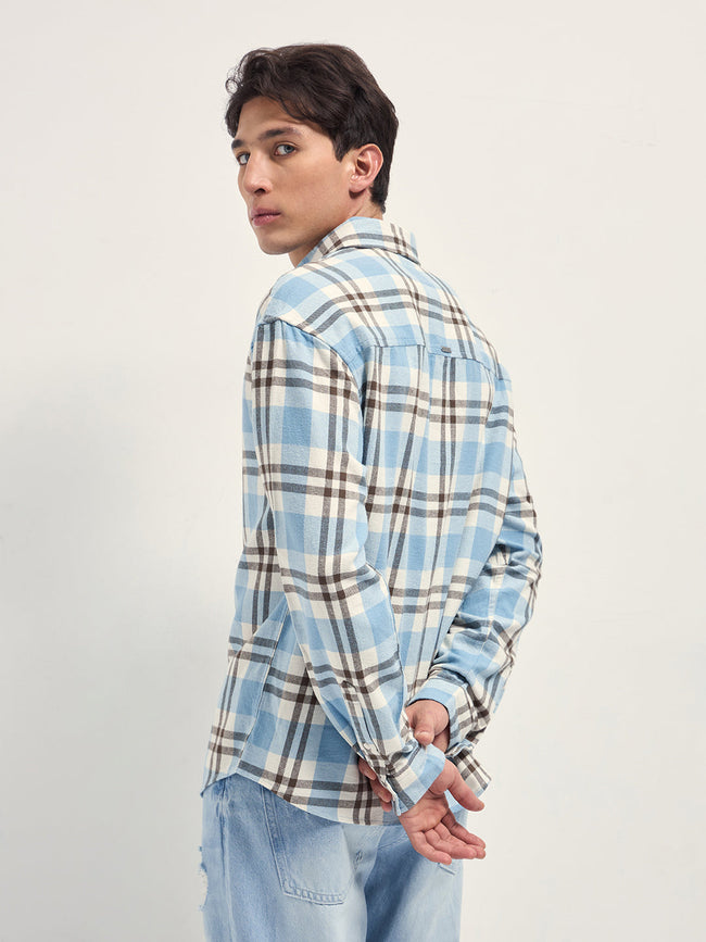 Men Blue Tartan Check Cotton Relaxed Fit Overshirt