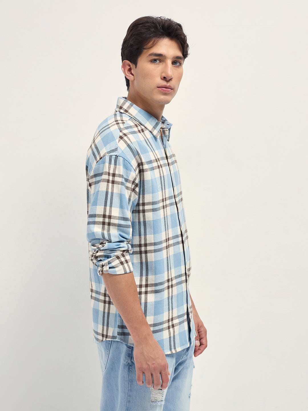 Men Blue Tartan Check Cotton Relaxed Fit Overshirt