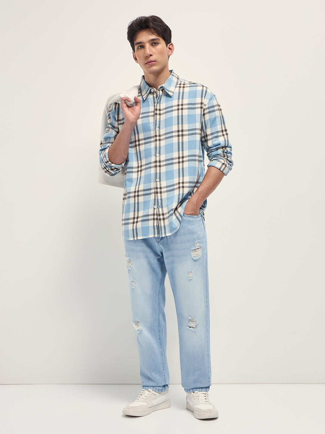 Men Blue Tartan Check Cotton Relaxed Fit Overshirt