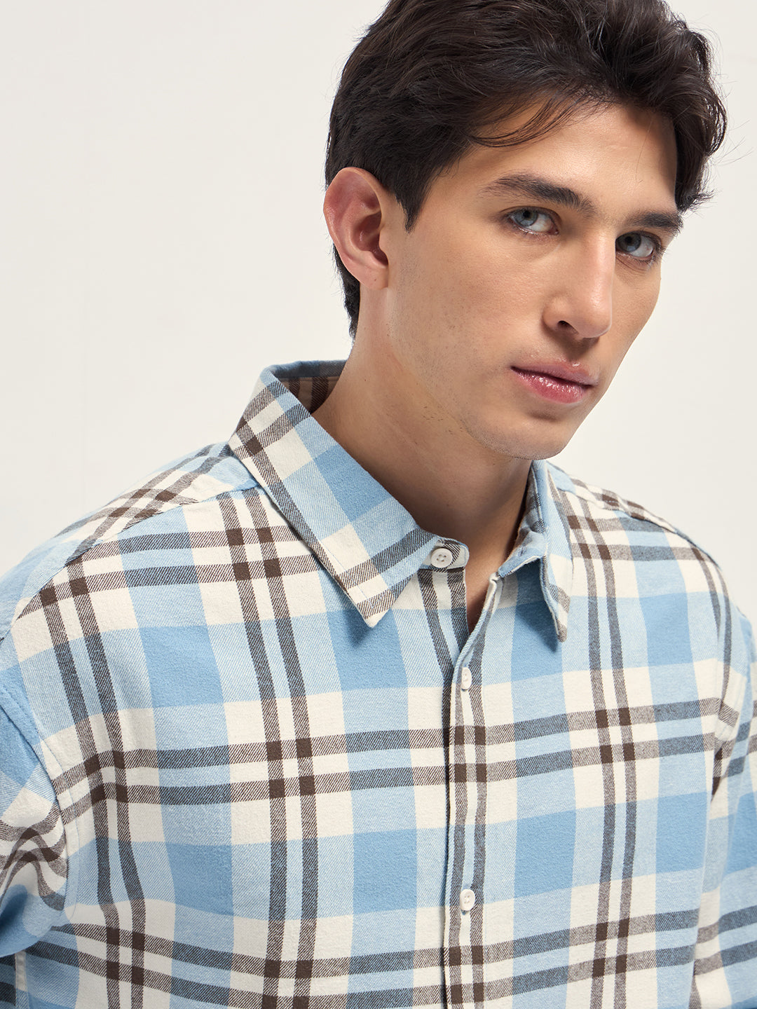 Men Blue Tartan Check Cotton Relaxed Fit Overshirt