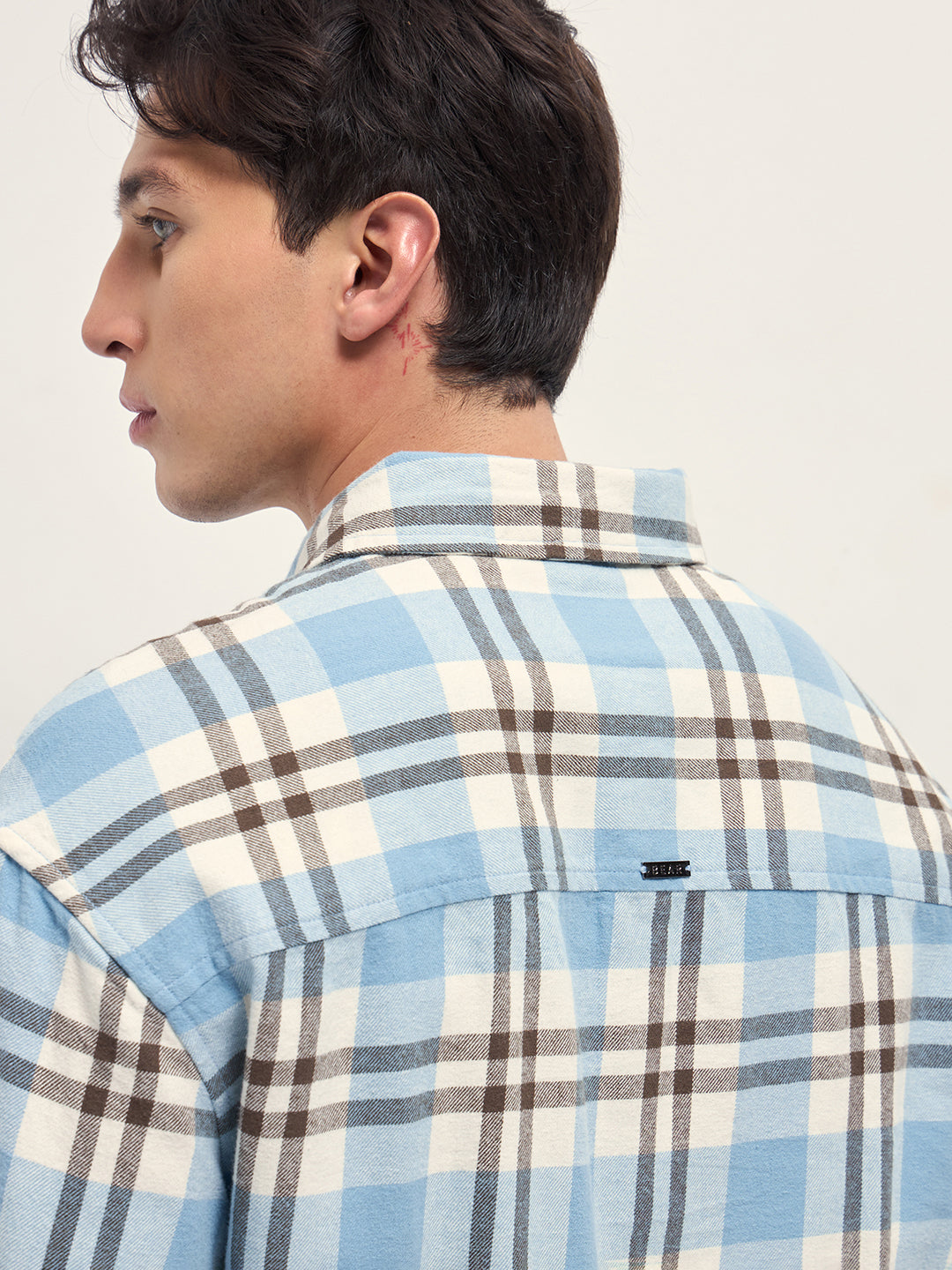 Men Blue Tartan Check Cotton Relaxed Fit Overshirt