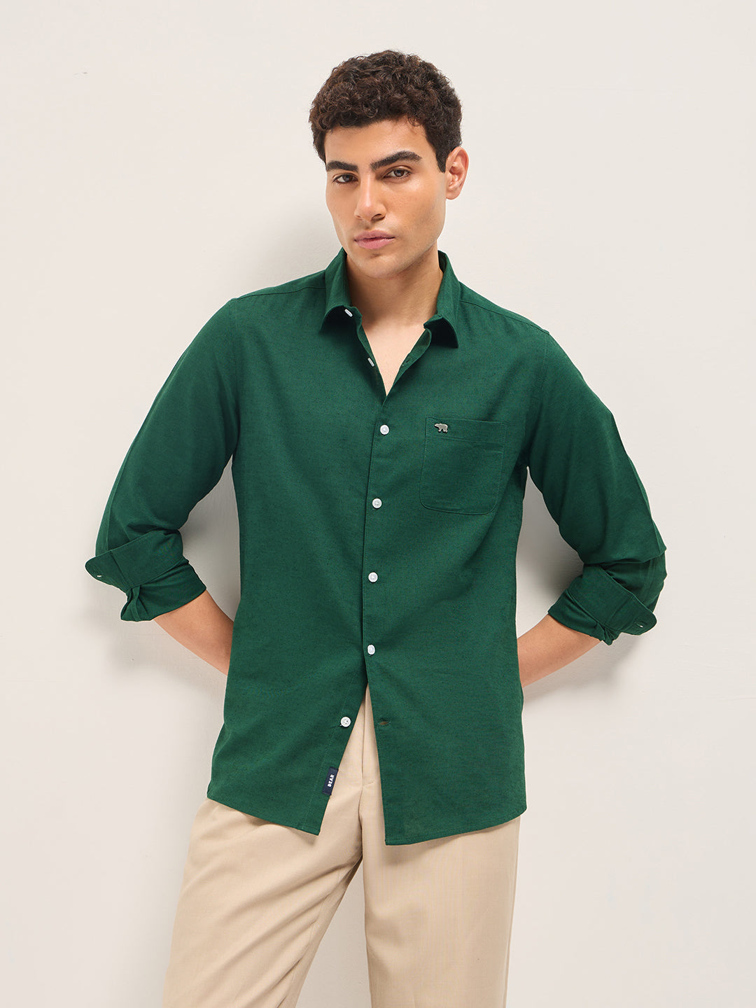 Men Green Cotton Linen Solid Shirt