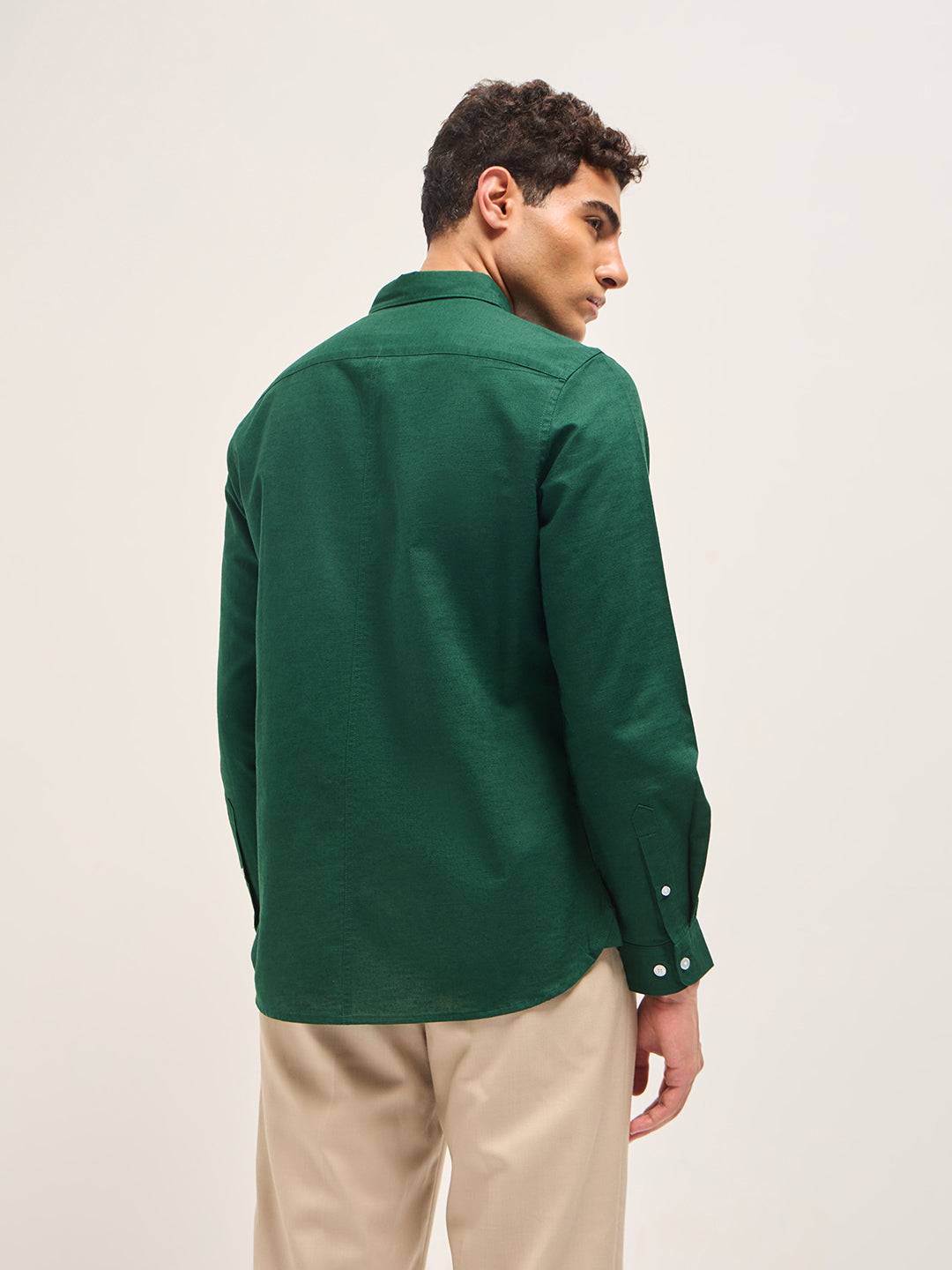 Men Green Cotton Linen Solid Shirt