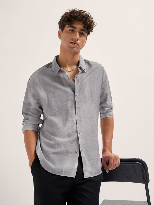 Men Purple Abstract Print Crinkled Textured Relaxed Fit Casual Shirt