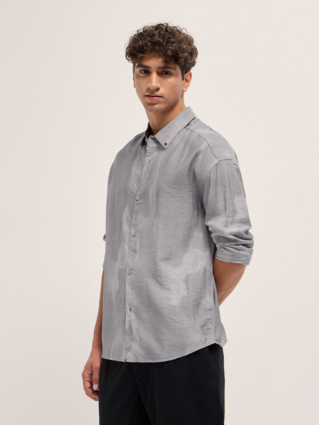 Men Purple Abstract Print Crinkled Textured Relaxed Fit Casual Shirt