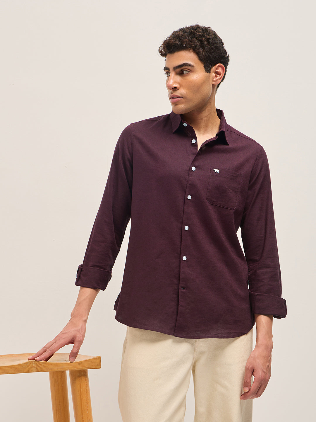 Men Maroon Cotton Linen Solid Shirt