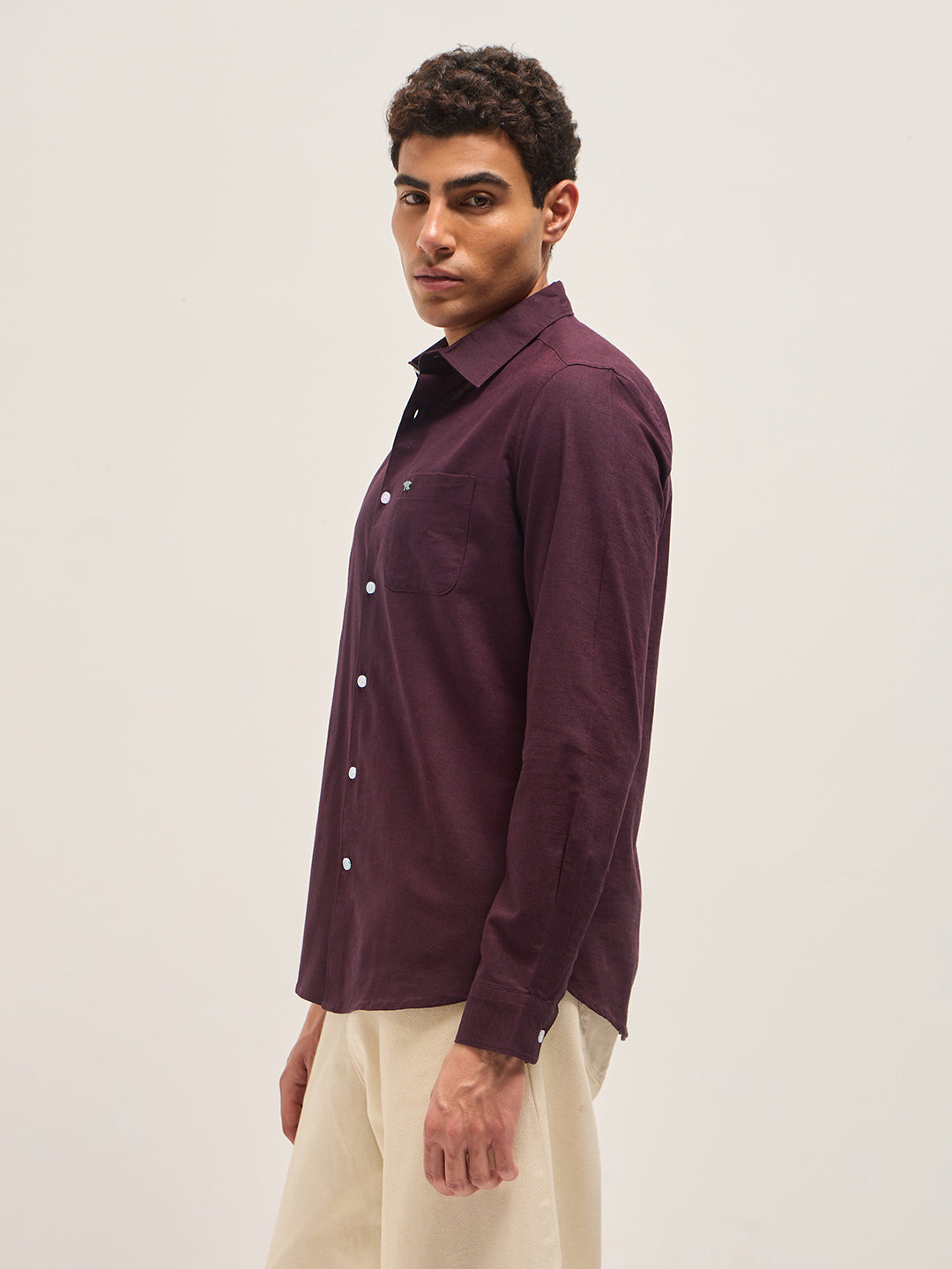 Men Maroon Cotton Linen Solid Shirt