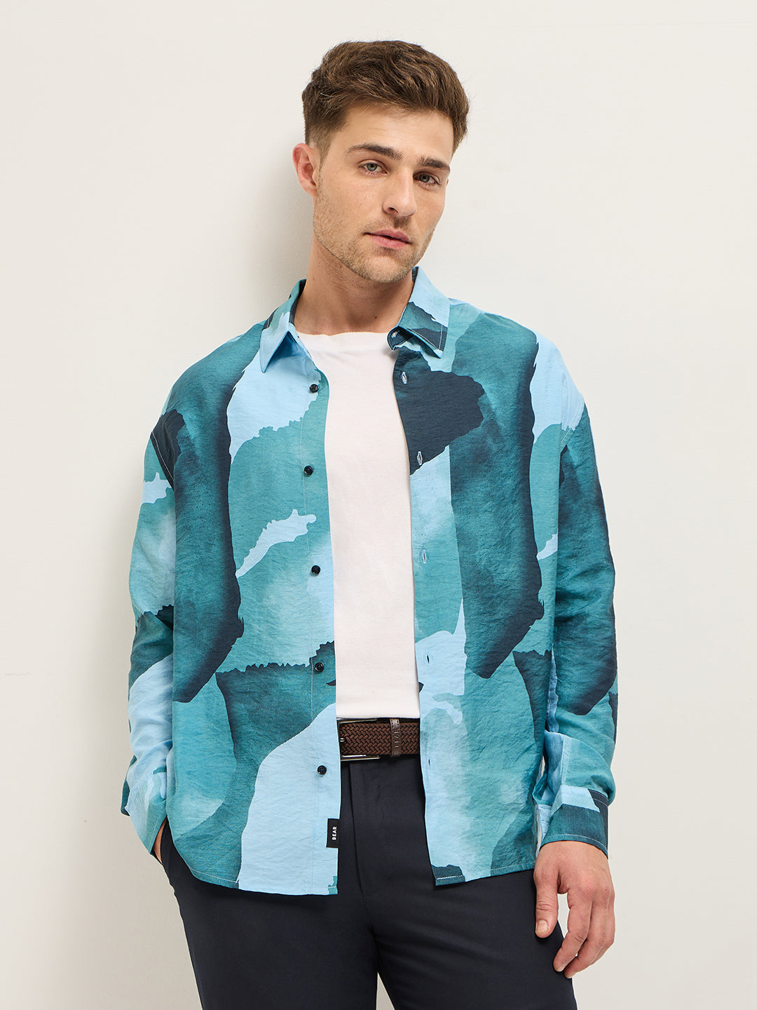 Men Blue Watercolor Camouflage Print Relax Fit Overshirt