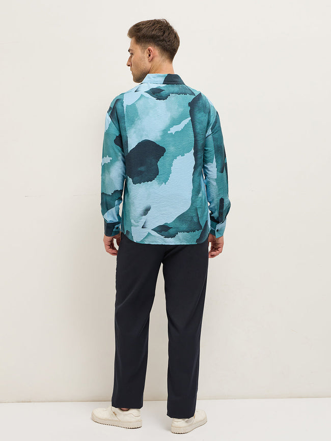 Men Blue Watercolor Camouflage Print Relax Fit Overshirt