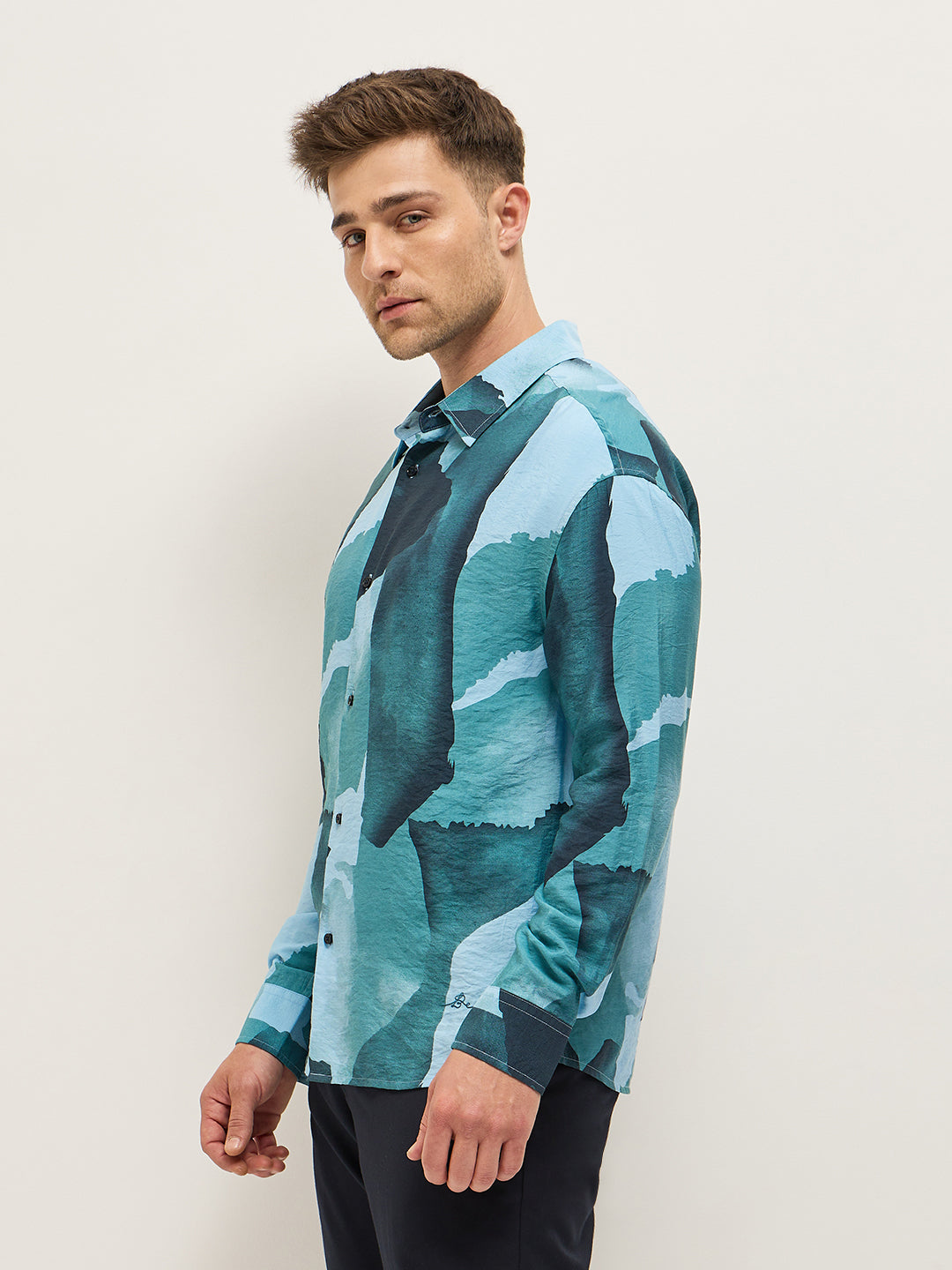 Men Blue Watercolor Camouflage Print Relax Fit Overshirt
