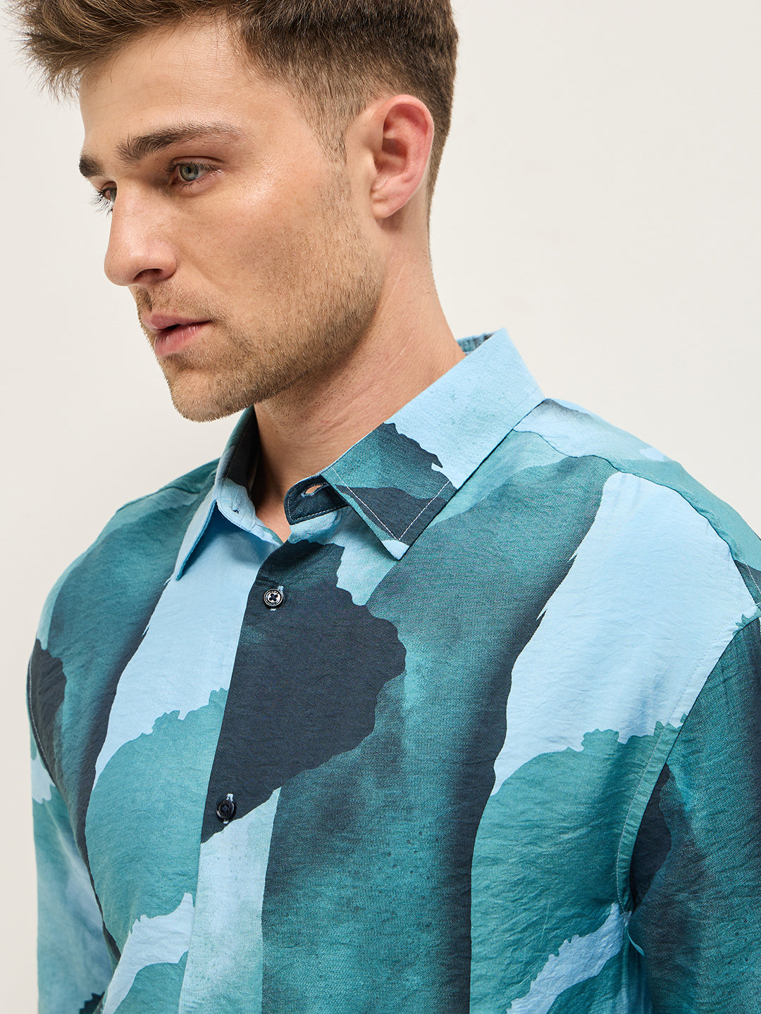 Men Blue Watercolor Camouflage Print Relax Fit Overshirt