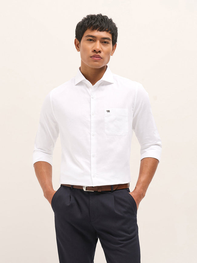 Men White Woven Pattern Cotton Tailored Fit Formal Shirt