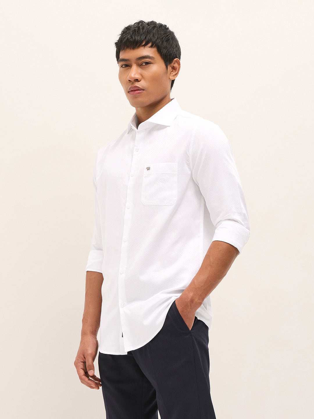 Men White Woven Pattern Cotton Tailored Fit Formal Shirt