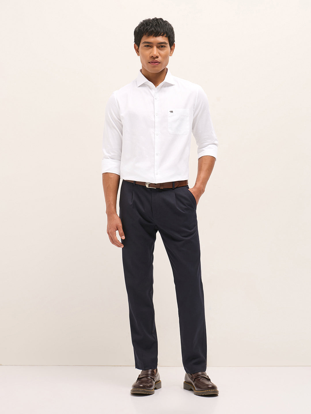 Men White Woven Pattern Cotton Tailored Fit Formal Shirt
