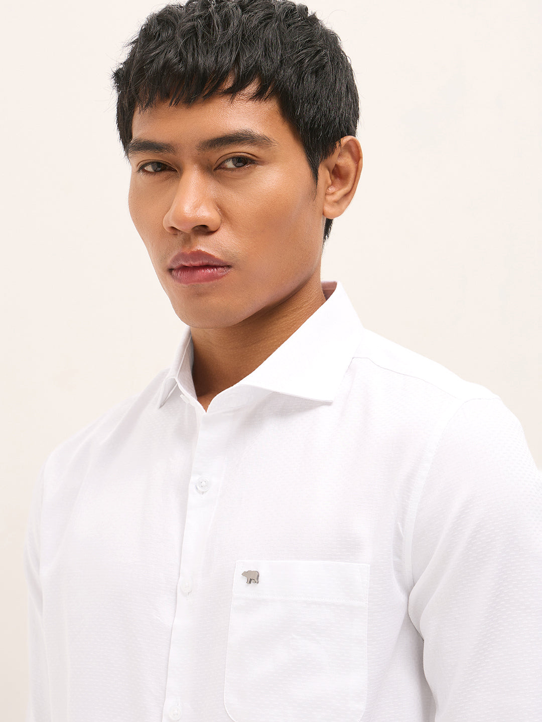 Men White Woven Pattern Cotton Tailored Fit Formal Shirt