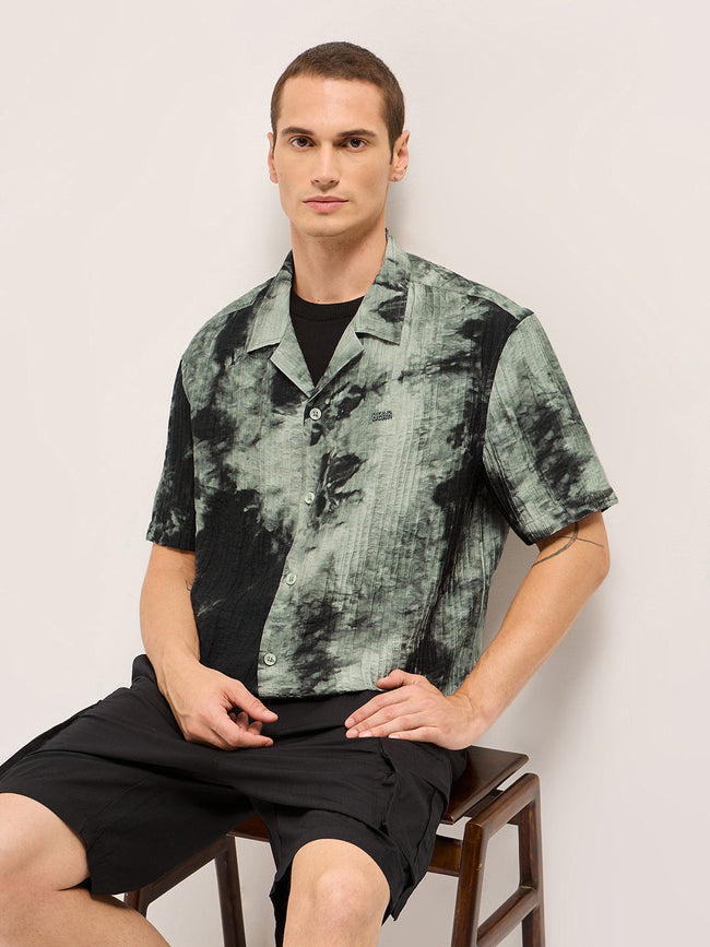Men Dark Green Viscose Abstract print Relaxed Fit Cuban Collar Shirt