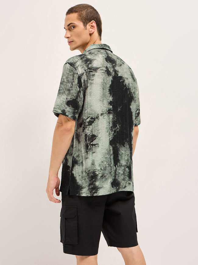 Men Dark Green Viscose Abstract print Relaxed Fit Cuban Collar Shirt